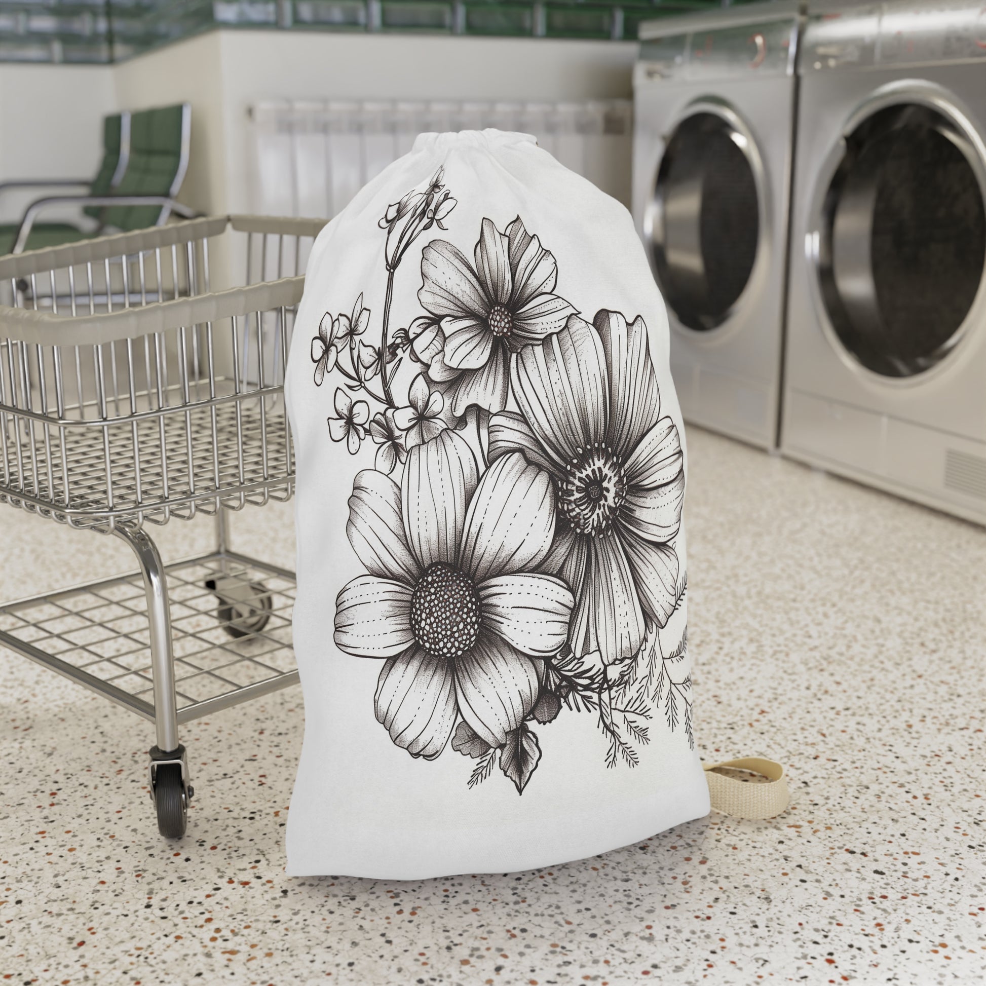 "Floral laundry bag bouquet with hand-drawn flowers for stylish laundry organization"