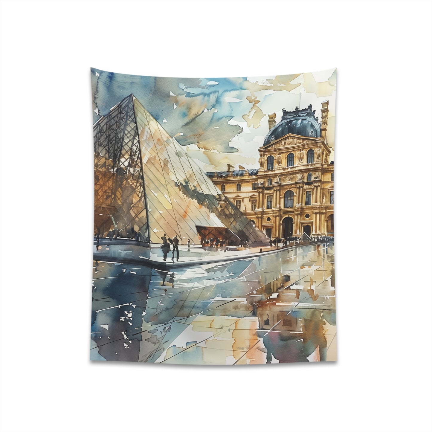 "Parisian Louvre Tapestry: Iconic museum surrounded by colorful blooms, perfect for all seasons. Shop now!"