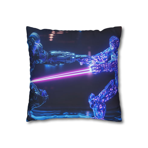Robot Knight Dueling Holographic Enemy — 40×40 Cushion Cover — Double-Sided Back & Concealed Zip Detail