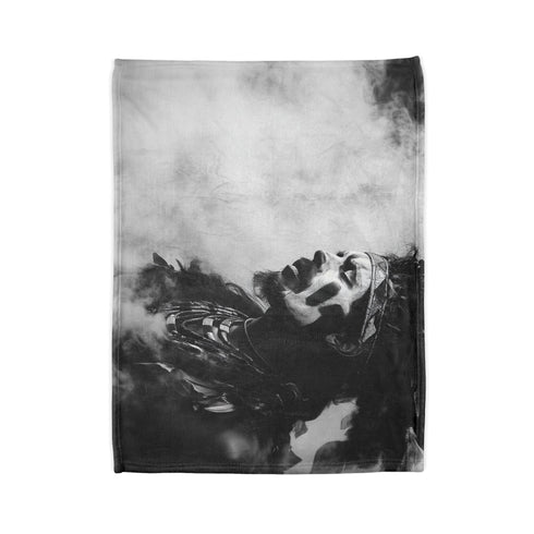 Tribal Warrior Made of Smoke — Plush Fleece Throw Blanket — Folded Plush Blanket Detail