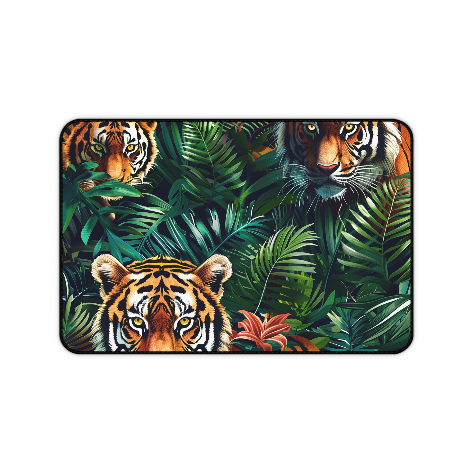 "Transform your workspace with Tiger Jungle Desk Mat, safari-inspired design with tigers in lush jungle foliage"