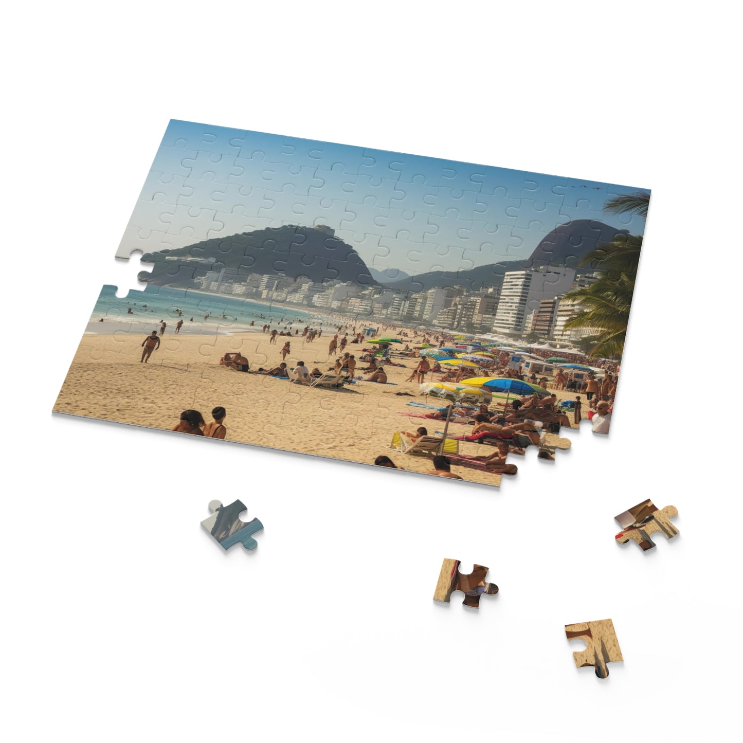 "Rio Beach Jigsaw Puzzle - Discover vibrant Rio de Janeiro with Sugarloaf Mountain in background"