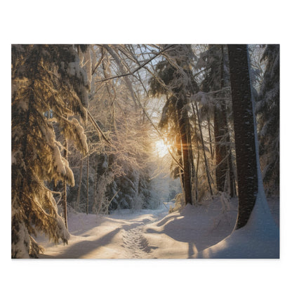 Winter Forest Jigsaw Puzzle - immerse yourself in a serene snow-covered forest scene with twinkling trees and a blanket of white snow