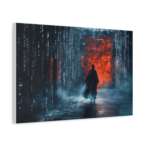 Samurai Walking Through Shattered Code — Canvas Wall Art — Side Profile & Stretched Corner Detail