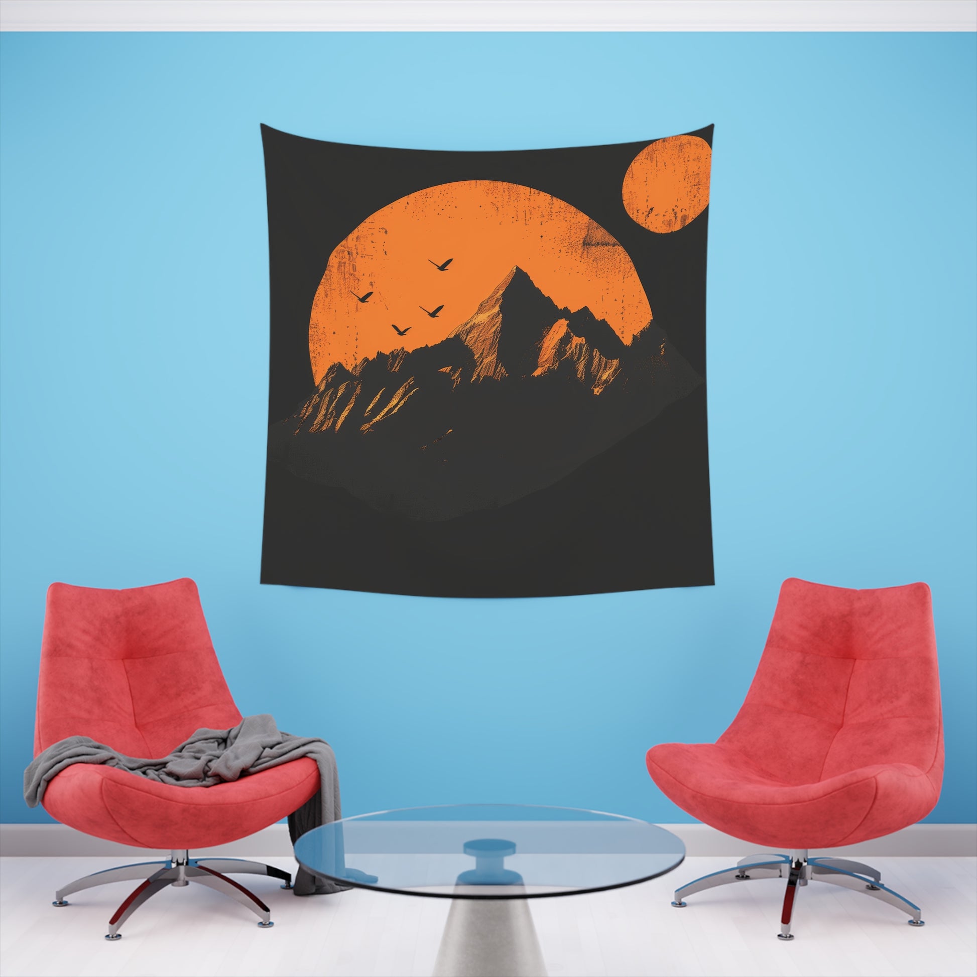 Mountain Dawn: A Minimalist Tapestry | Wall Tapestry | All Over Print, AOP, Decor, Halloween, Home & Living, Home Decor, Indoor, Spring Essentials, Sublimation, Tapestry | Prints with Passion