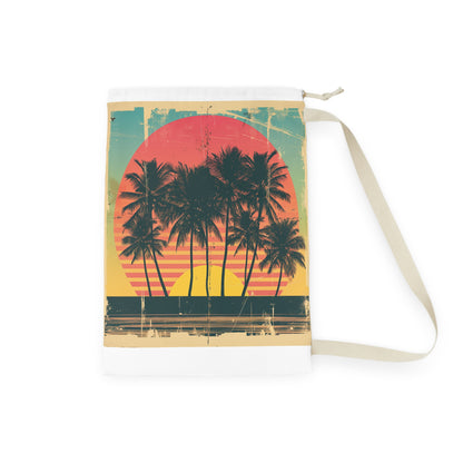 Retro sunset palm tree laundry bag, keep laundry organized and stylish with vibrant tropical design.