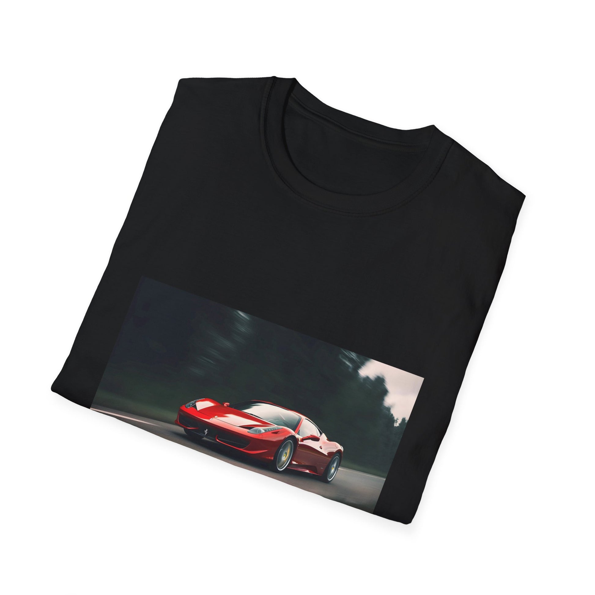 Alt text: "Adrenaline Rush on the Racing Circuit T-shirt featuring a sleek Ferrari racing car in vibrant colors, embodying speed and passion for the open road"