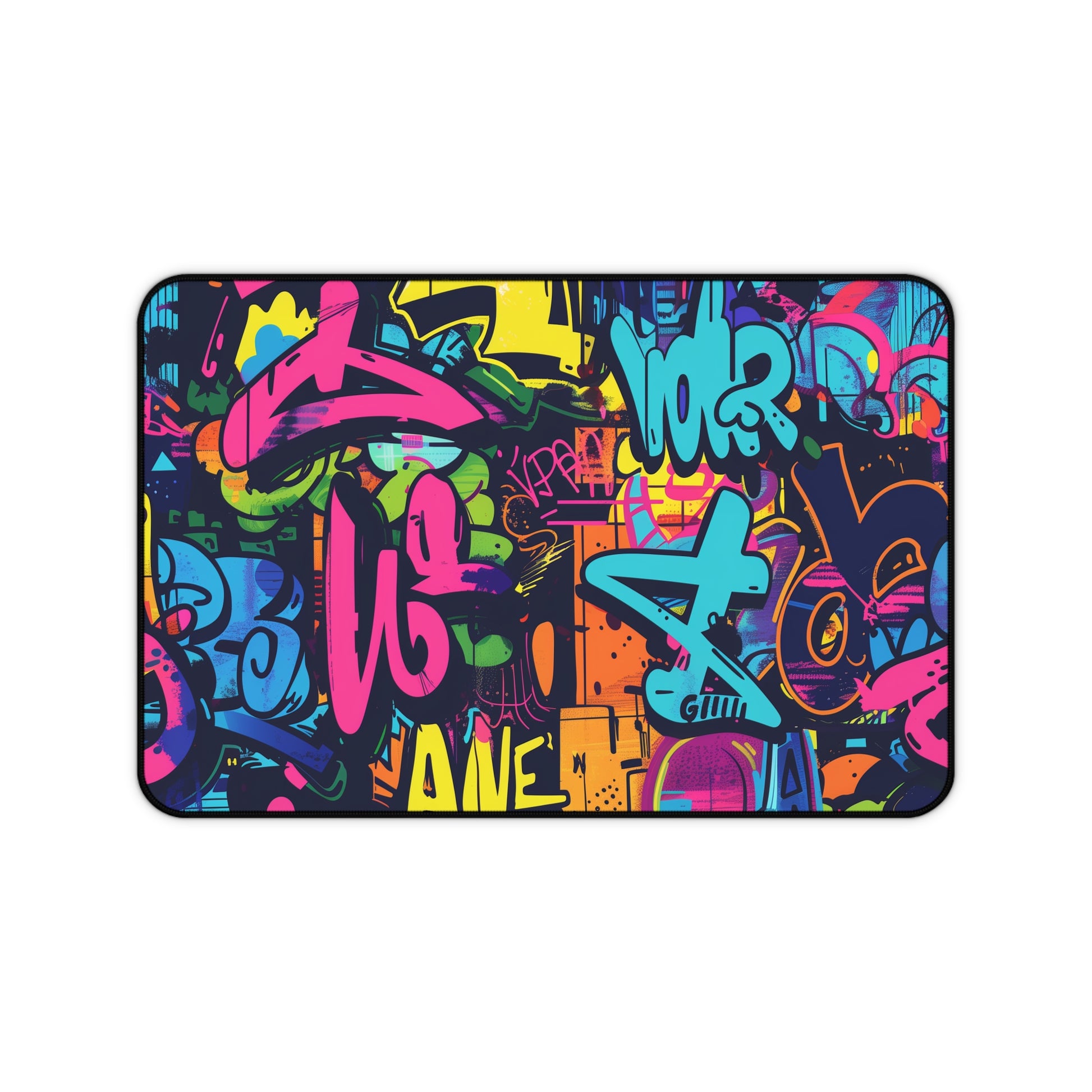 "Neon Urban Graffiti Desk Mat - Brighten up your workspace with colorful urban vibes"