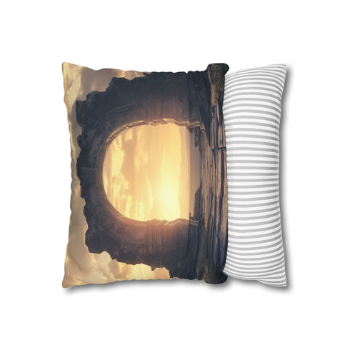 Portal Opening Above Ancient Ruins (Edition II) — 40×40 Cushion Cover — Soft Brushed Fabric Texture Close-Up