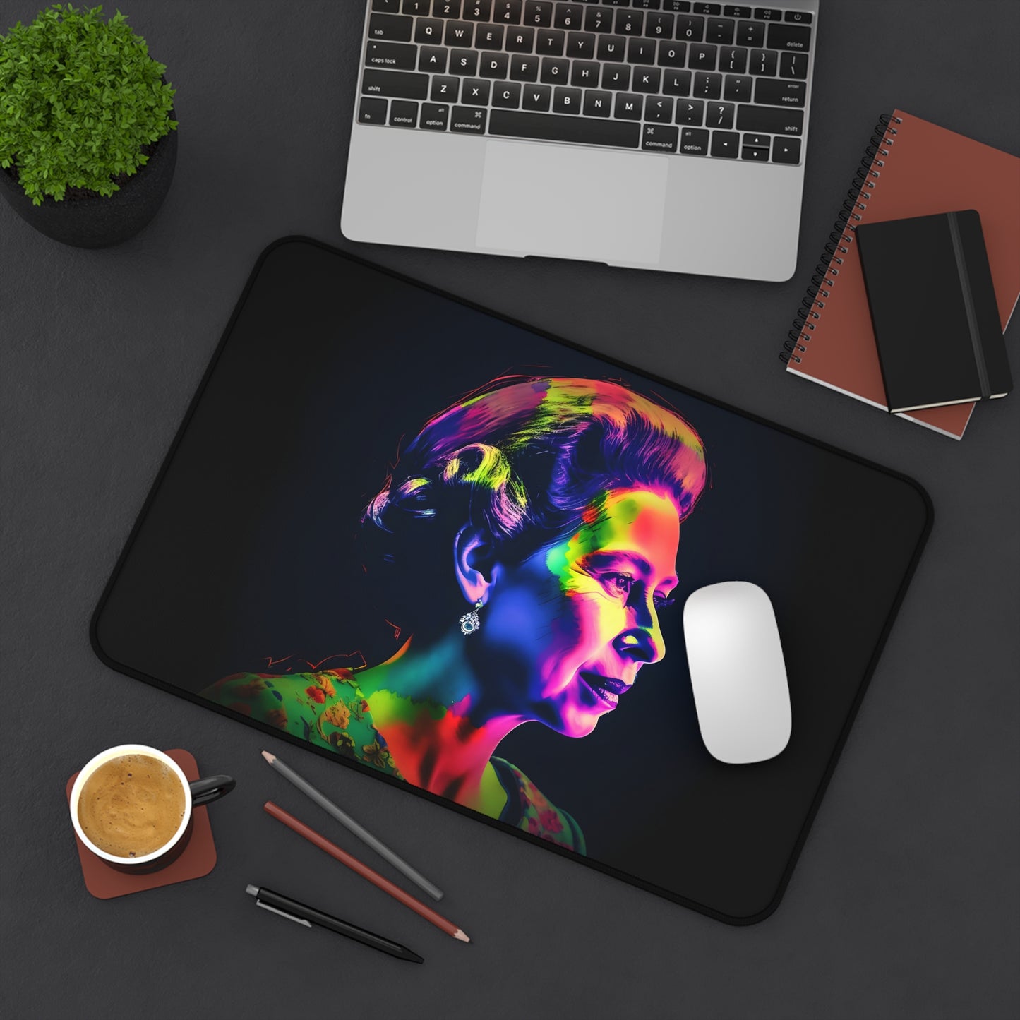 "Transform your workspace with Queen Elizabeth Neon Desk Mat, a vibrant watercolor image of young Queen Elizabeth II for regal office decor"