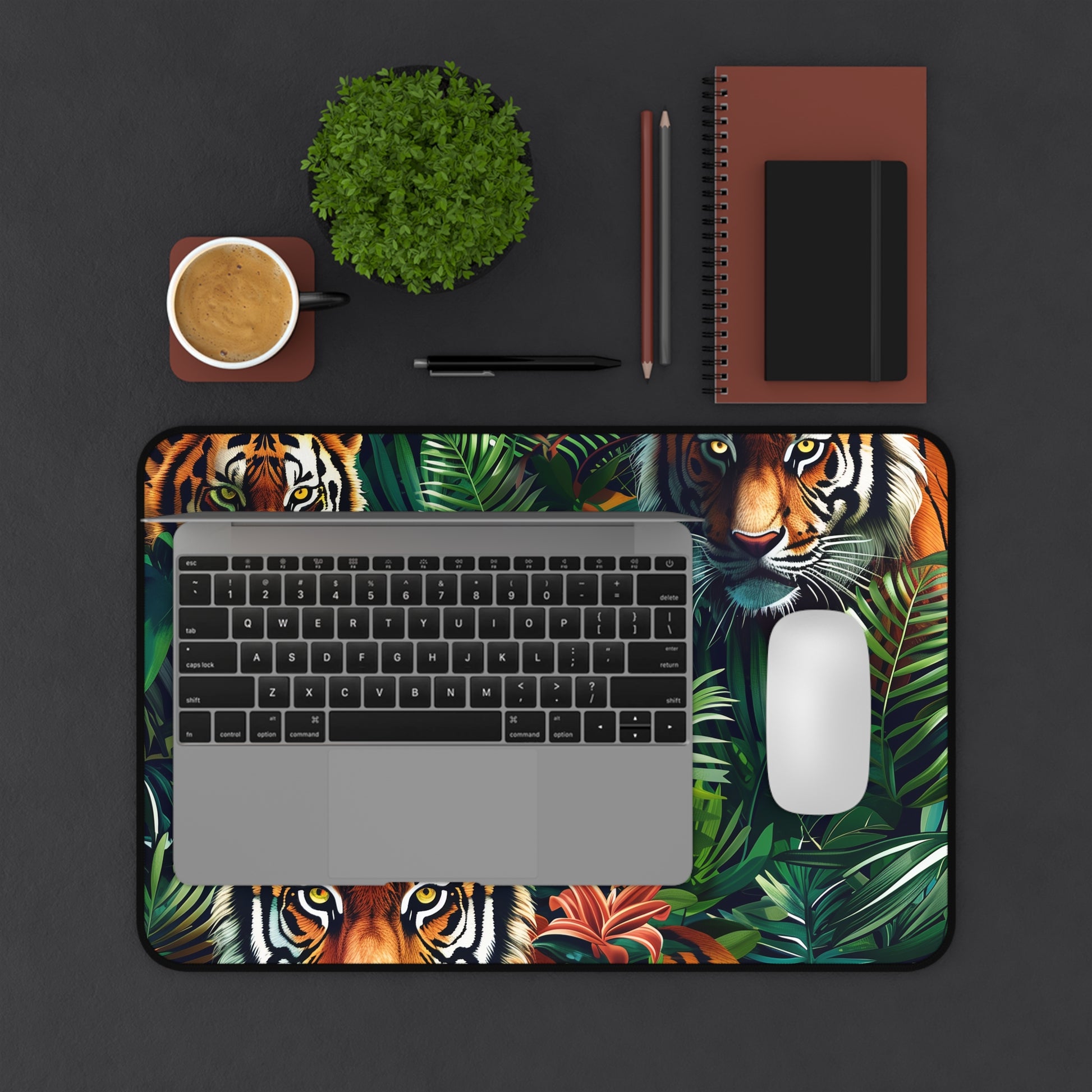 "Transform your workspace with Tiger Jungle Desk Mat, featuring majestic tigers in lush green jungle. Create a wild oasis!"