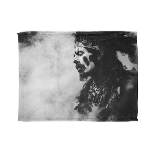 Tribal Warrior Made of Smoke — Plush Fleece Throw Blanket — Full Flat Artwork View