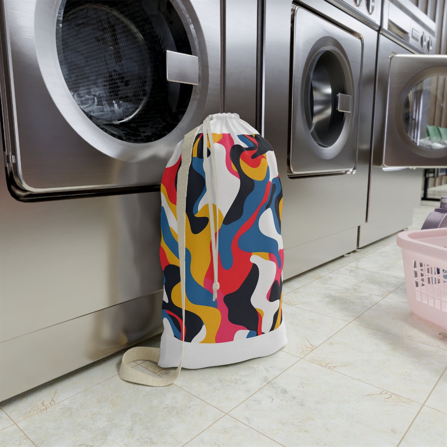 Bright abstract pattern laundry bag for stylish laundry routine.