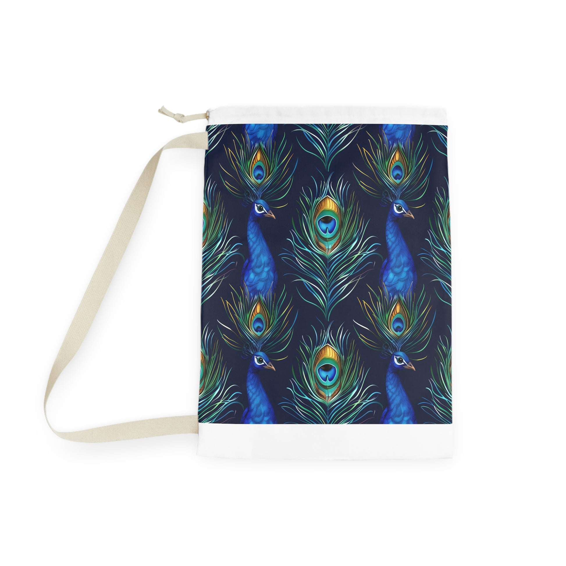 "Peacock Blue Laundry Bag - Vibrant feather pattern for luxury laundry transport"