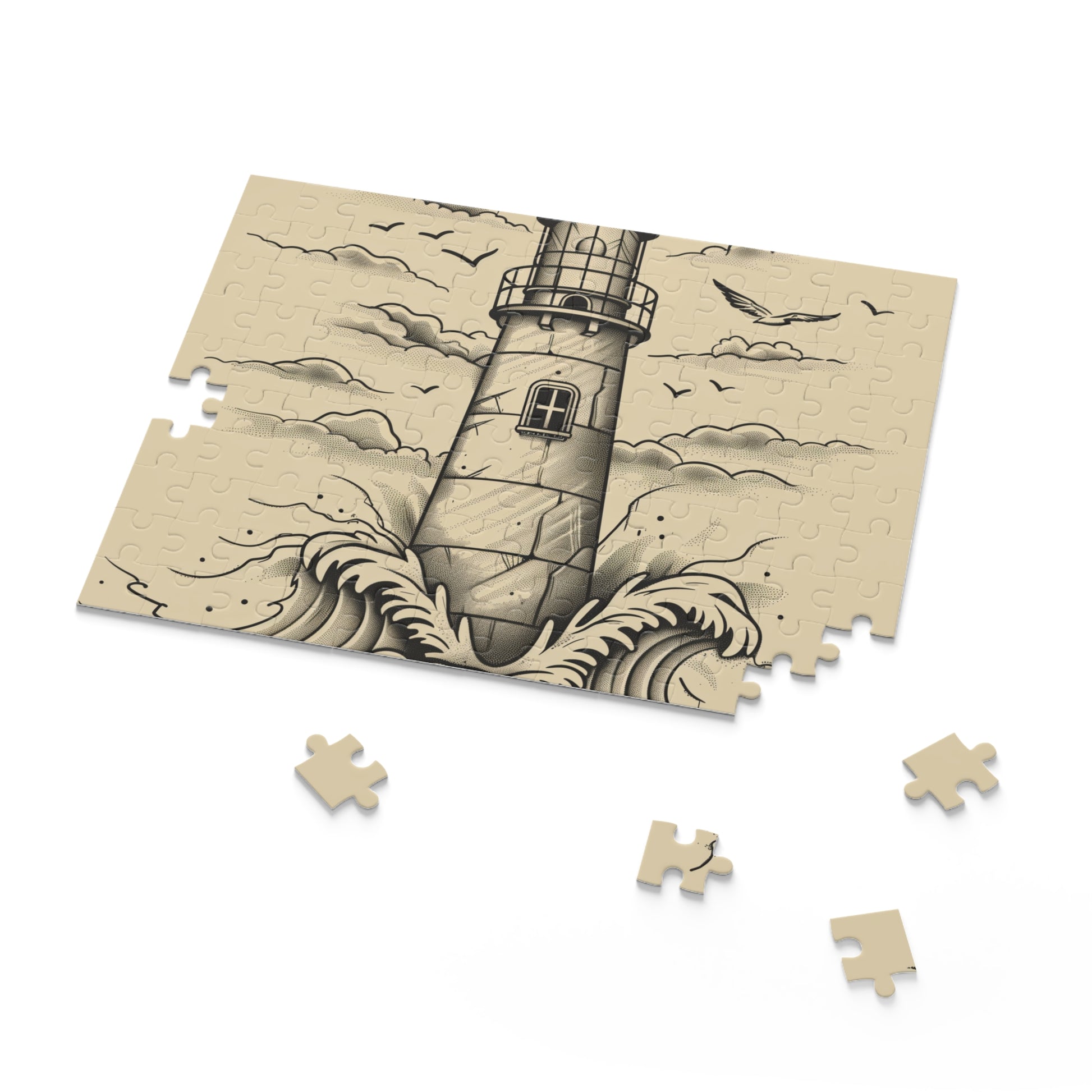 "Hand-drawn lighthouse jigsaw puzzle with crashing waves, perfect for beach lovers"