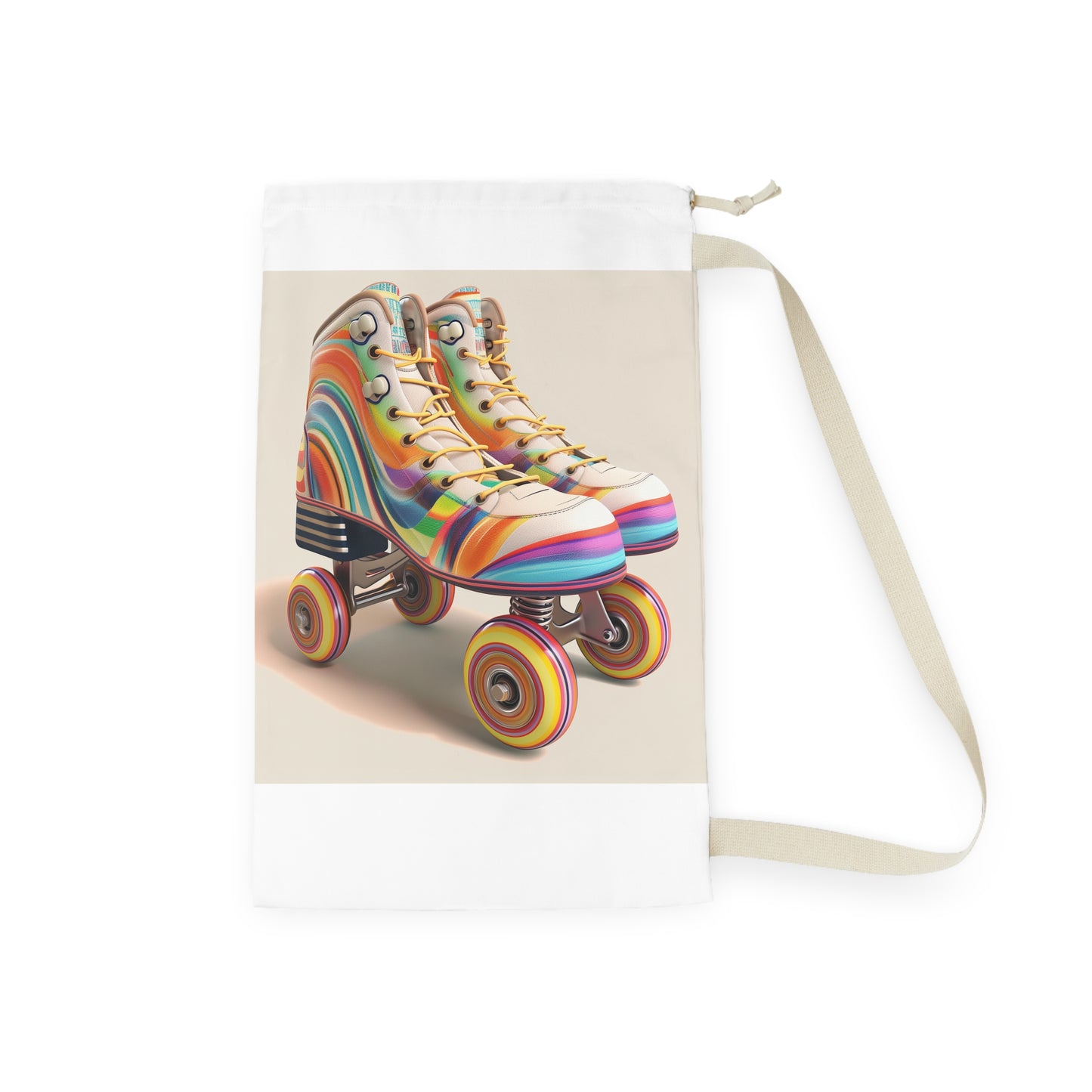 "Colorful retro roller skate laundry bag with stripes, add fun to laundry routine"