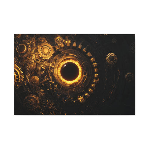 Golden Gears Orbiting Black Sun — Canvas Wall Art — Living Room Wall Lifestyle View