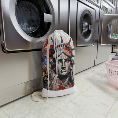 "Colorful American flag laundry bag with splash design, patriotic laundry accessory"