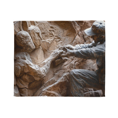 Warrior Carving Time into Rock Wall — Plush Fleece Throw Blanket — Draped Over Sofa & Bed Lifestyle View