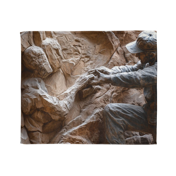 Warrior Carving Time into Rock Wall — Plush Fleece Throw Blanket — Draped Over Sofa & Bed Lifestyle View