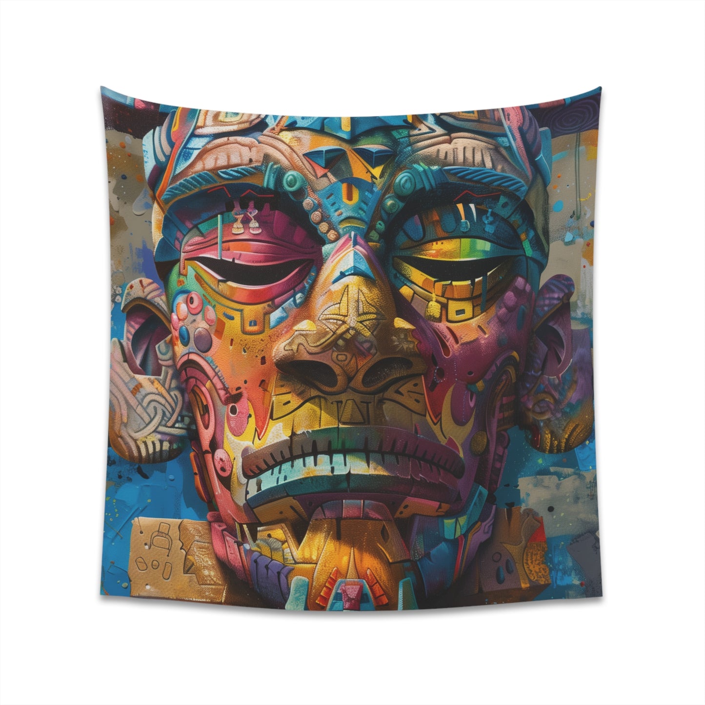 "Neon Tribe: A Mask Tapestry - Vibrant tribal mask wall art, perfect for all seasons. High-quality and stylish. Available in 34" x 40" and 57" x 57". Makes a great gift. Shop now!"