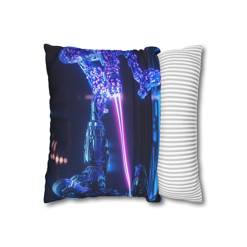 Robot Knight Dueling Holographic Enemy — 40×40 Cushion Cover — Sofa & Living Room Lifestyle View