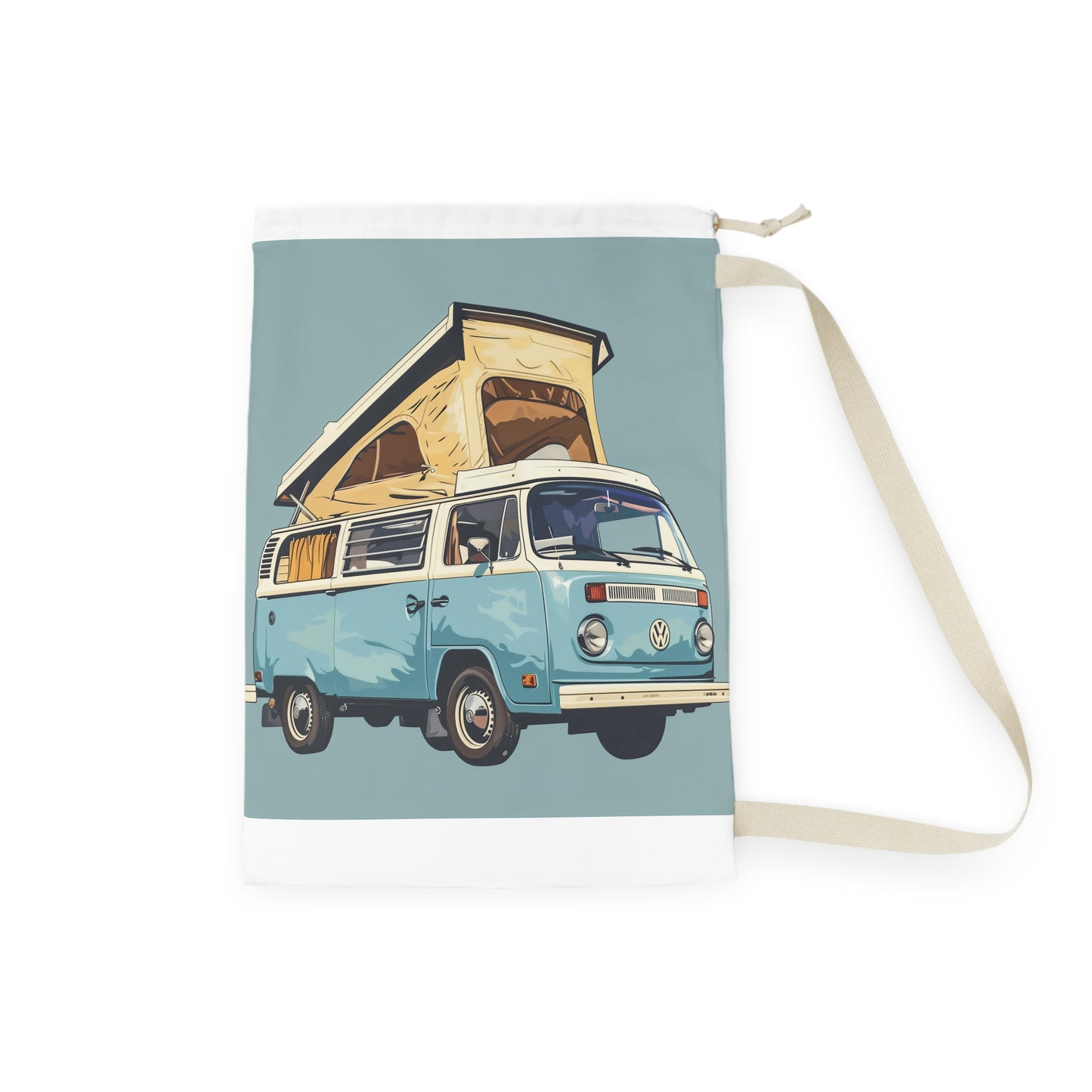 Light blue retro camper van laundry bag, perfect for transporting laundry in style. Add a pop of fun to your routine!