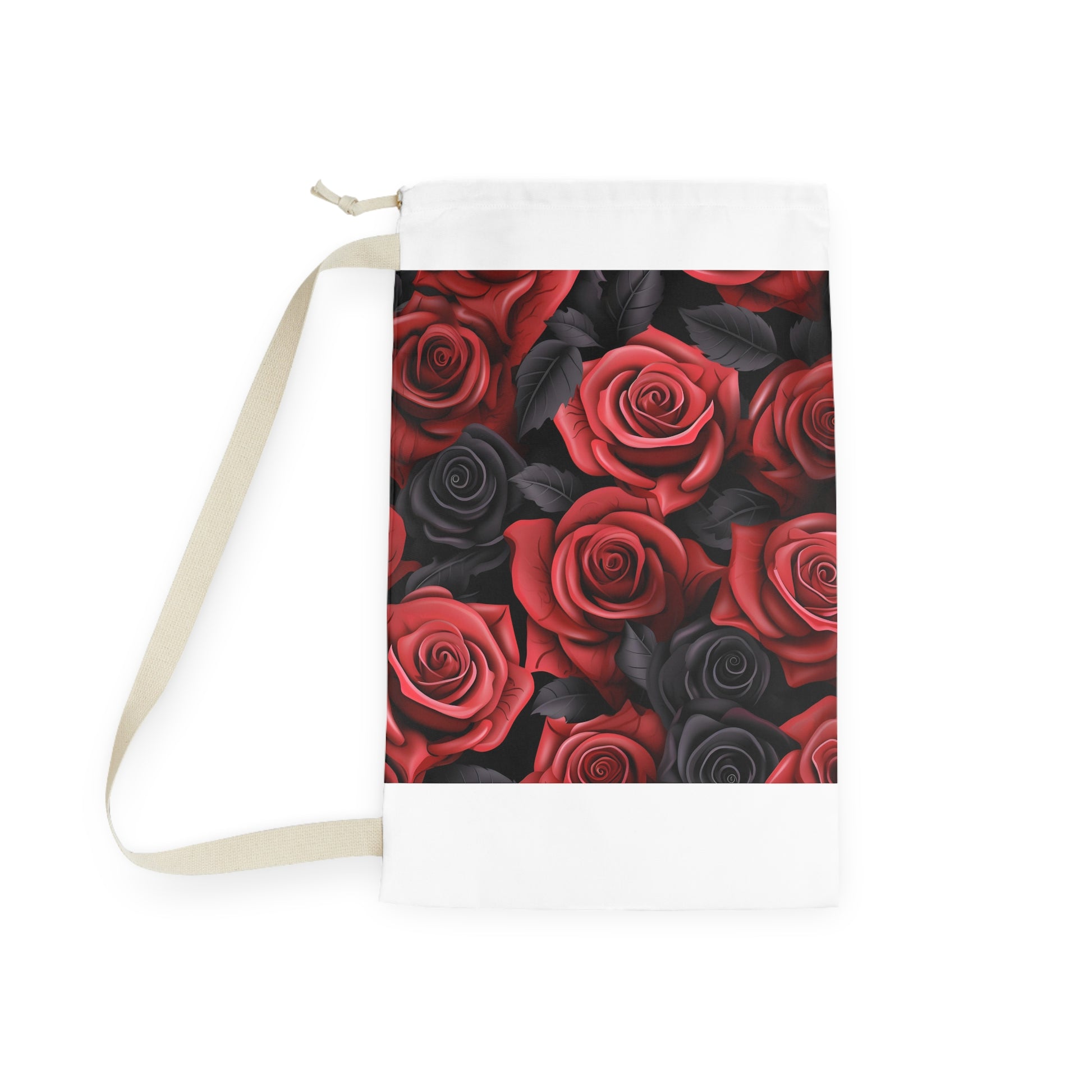 "Stunning Rose Blossom Laundry Bag with 3D red, pink, and black roses for stylish organization"