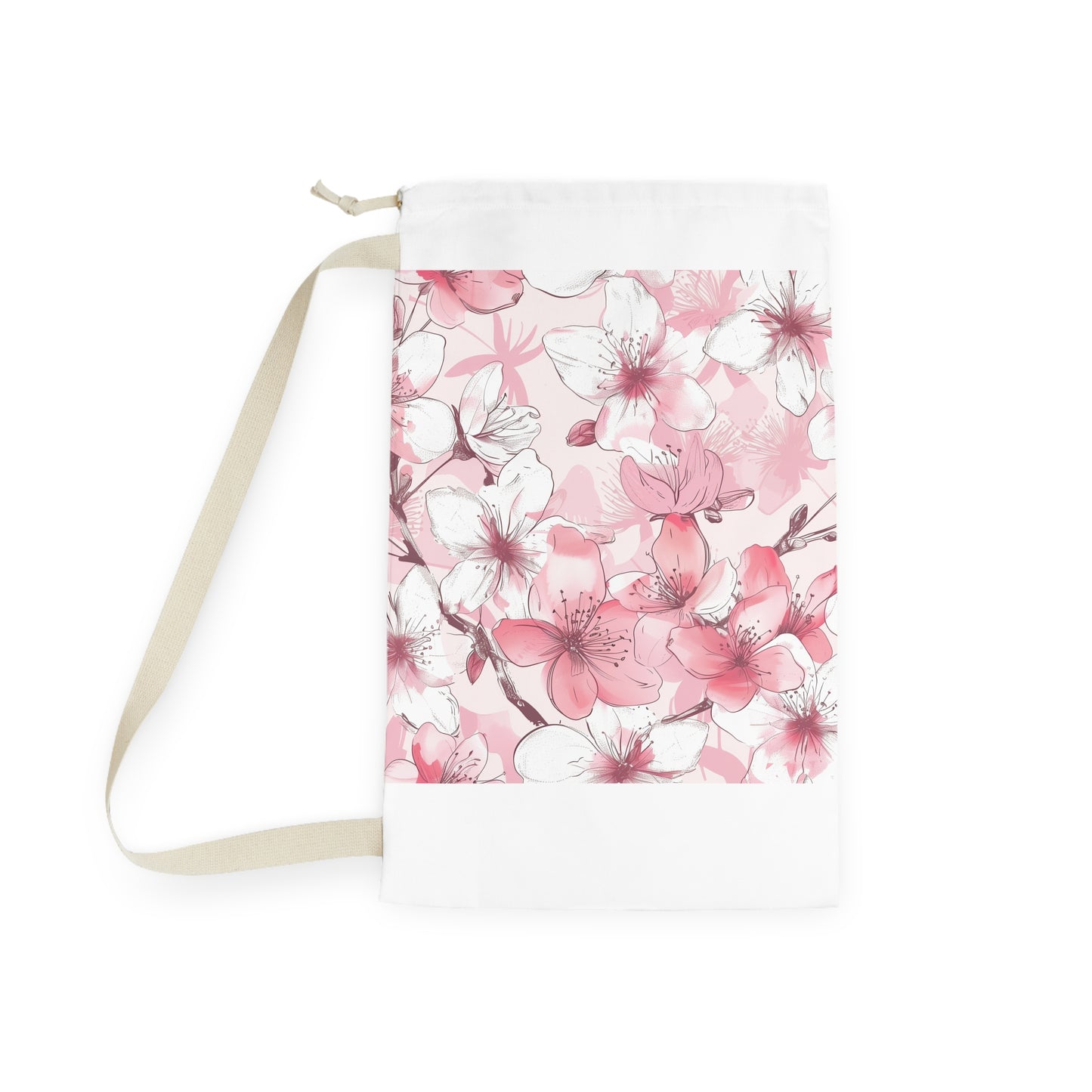 "Stunning cherry blossom laundry bag in pink and white, perfect for tidy and organized clothes"