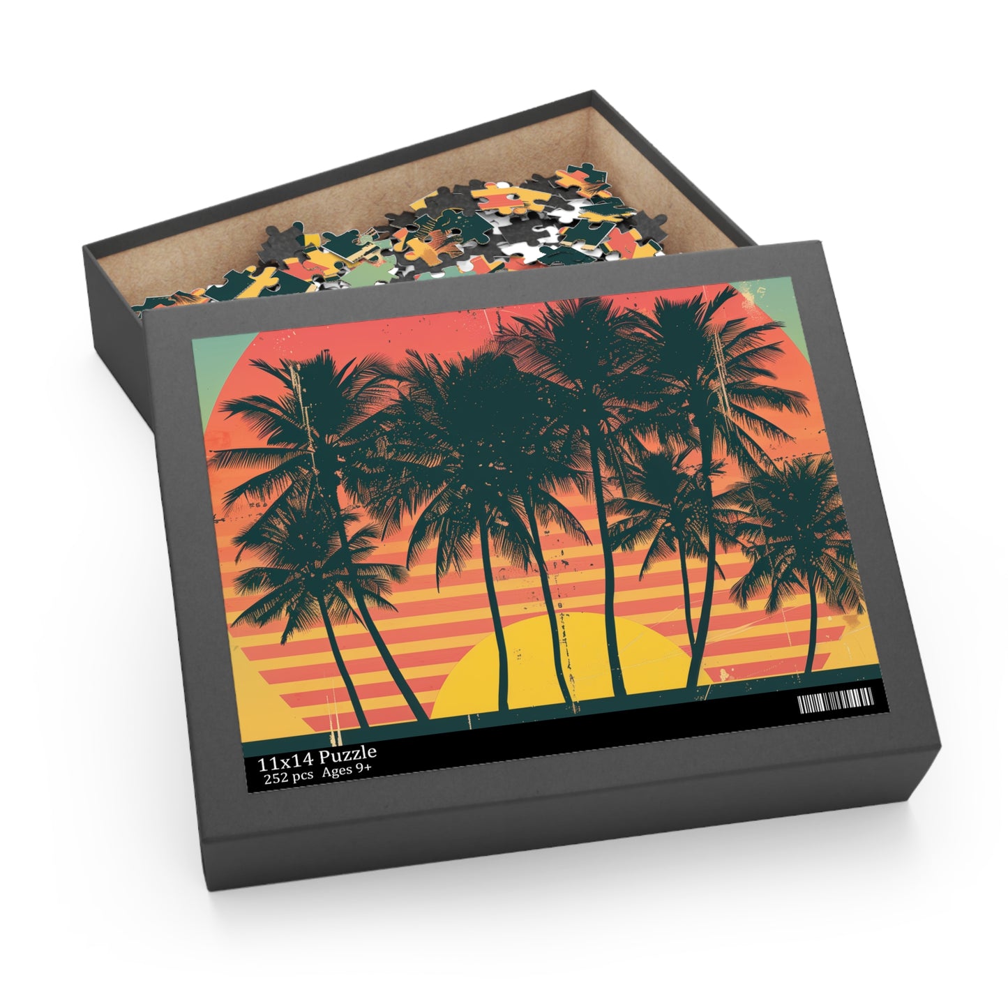 Retro Sunset Palm Tree Jigsaw Puzzle - Get lost in nostalgia with this stunning puzzle featuring a tranquil sunset scene surrounded by palm trees. Great for unwinding and escaping the hustle and bustle of everyday life.