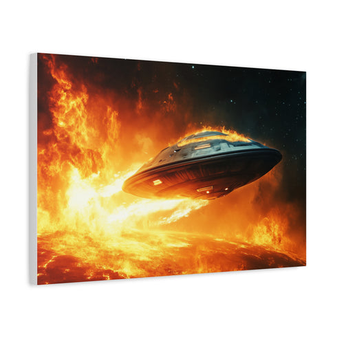 Spaceship Leaving a Burning Planet — Canvas Wall Art — Side Profile & Stretched Corner Detail