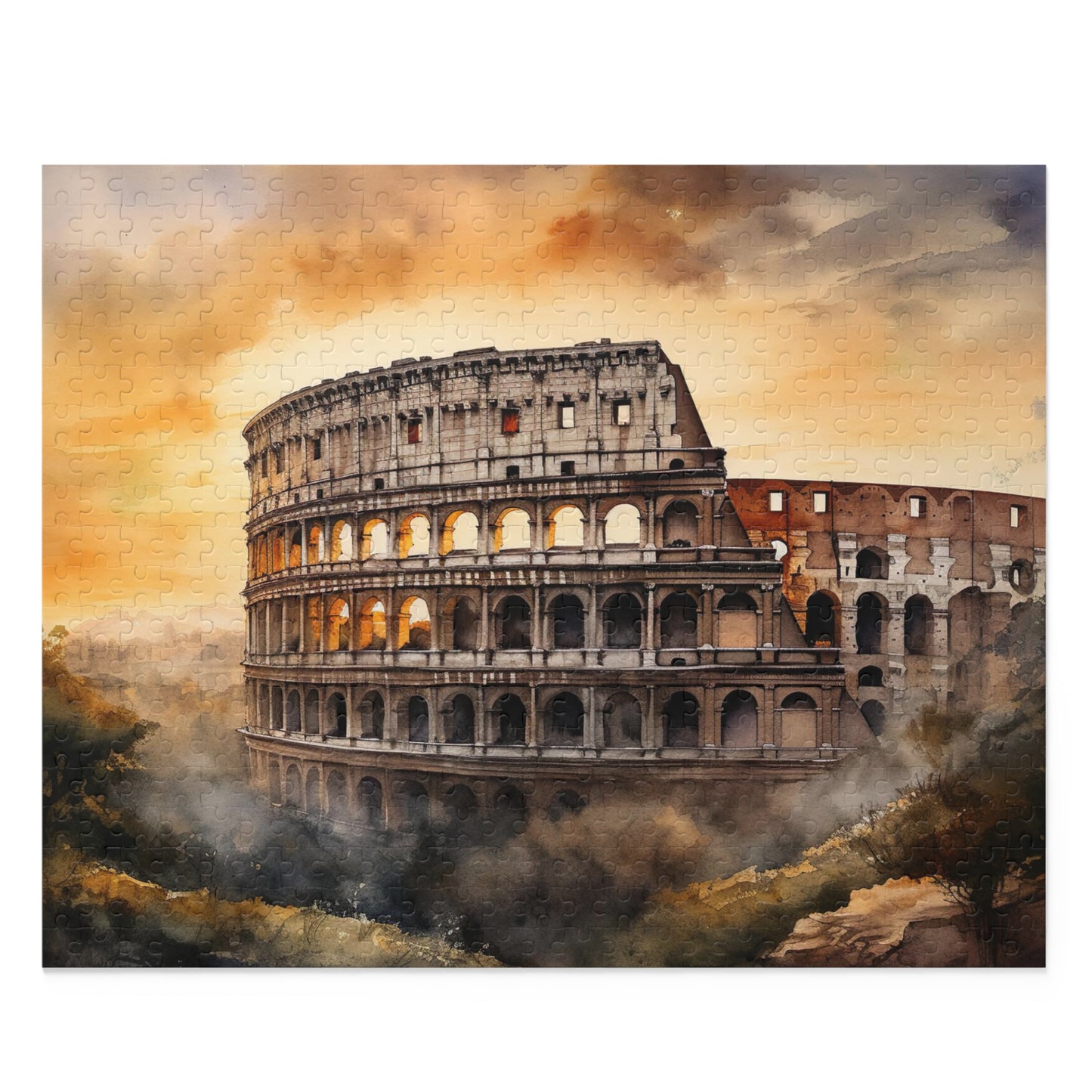 "Colosseum Sunset Jigsaw Puzzle - Rome beauty captured in stunning sunset scene, perfect for puzzle enthusiasts and travelers"