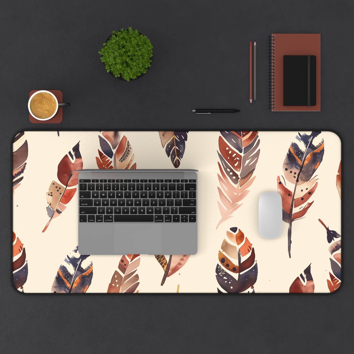 Boho Feathers Desk Mat - Stylish seamless pattern for workspace flair, protects from scratches and spills.