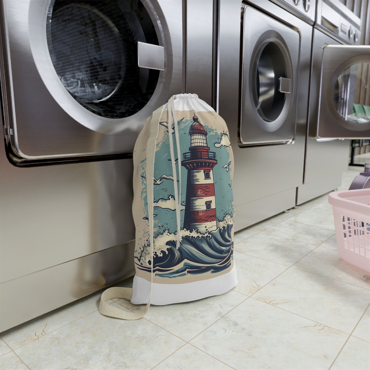 "Seaside charm lighthouse wave laundry bag for stylish laundry storage"