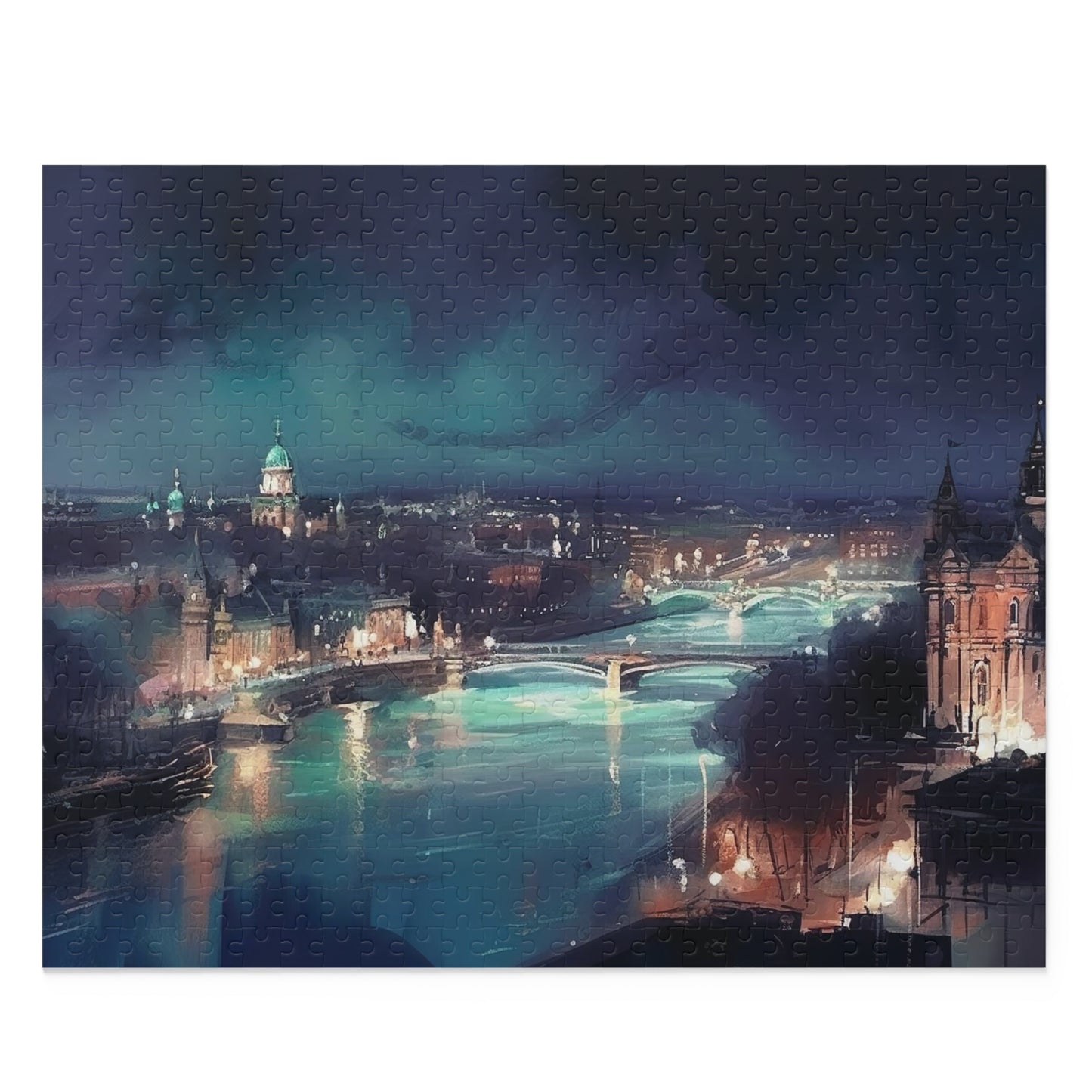 London Lights skyline jigsaw puzzle, iconic London cityscape at night, vibrant colors and intricate design