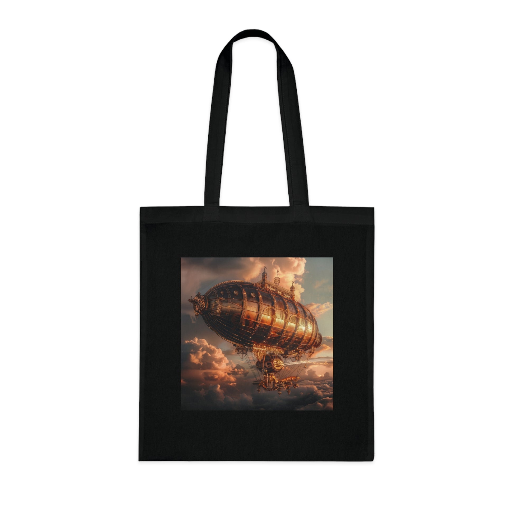 Alt text: "Airship Adventures Tote Bag featuring a majestic steampunk airship floating amongst the clouds. High-quality, comfortable, stylish, and perfect for all seasons. Makes a great gift. Shop at BenCPrints for more unique designs."