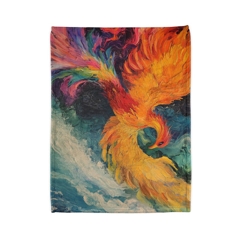 Phoenix Reborn in Waterfall of Color — Plush Fleece Throw Blanket — Folded Plush Blanket Detail