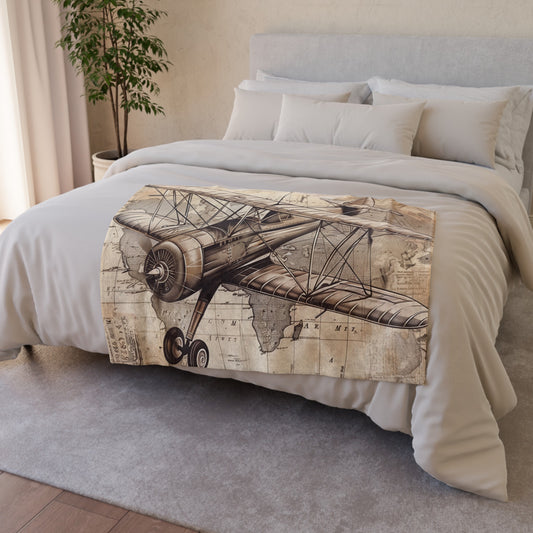 Experience the thrill of travel and the charm of old record players with our Vintage Travel Dreams Blanket