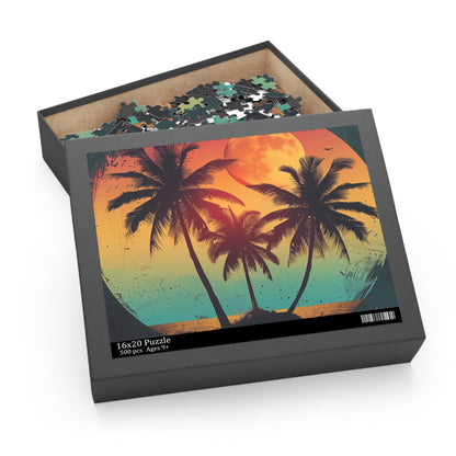 Tropical Twilight Jigsaw Puzzle - Relaxing retro sunset scene with palm trees for nostalgia and tropical vibes in your home