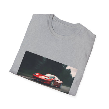 Alt text: "Adrenaline Rush on the Racing Circuit T-shirt featuring a sleek Ferrari racing car in vibrant colors, embodying speed, precision, and power – perfect for adrenaline junkies and racing enthusiasts."