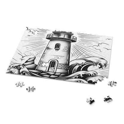 "Coastal Beacon Jigsaw Puzzle - Hand-drawn lighthouse against crashing waves for relaxing entertainment and stunning decor"