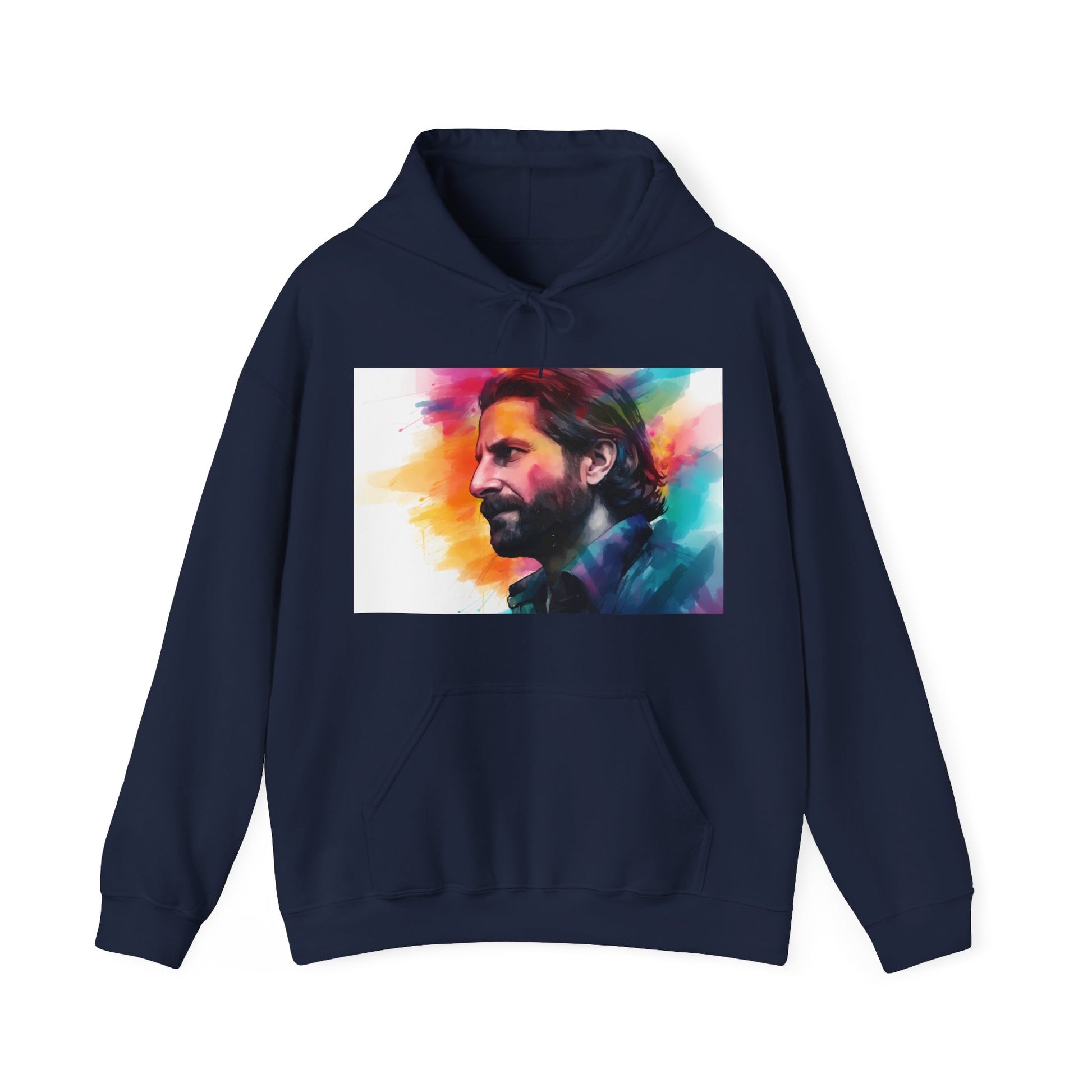 Watercolor hoodie featuring a vibrant portrait inspired by "A Star is Born" movie, perfect for Bradley Cooper fans and music lovers. Made of high-quality material, versatile, and stylish, suitable for all seasons. Great gift idea. Shop now at BenCPrints.