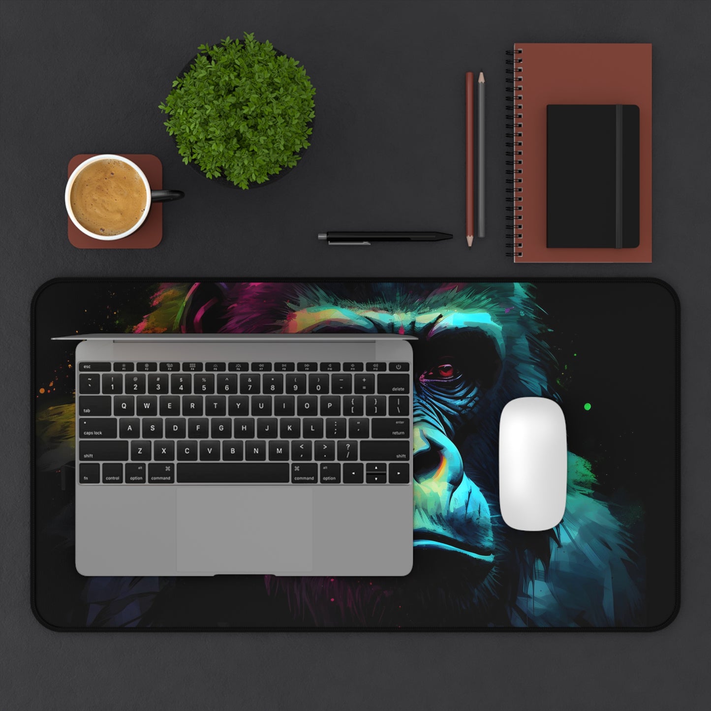 "Neon Gorilla Watercolor Desk Mat - Organize and brighten up your workspace with this vibrant and stylish desk accessory"