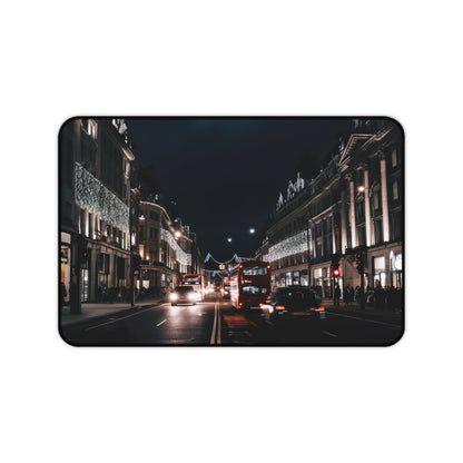 "Oxford Street Night Desk Mat - Stylish urban workspace accessory with London cityscape view"