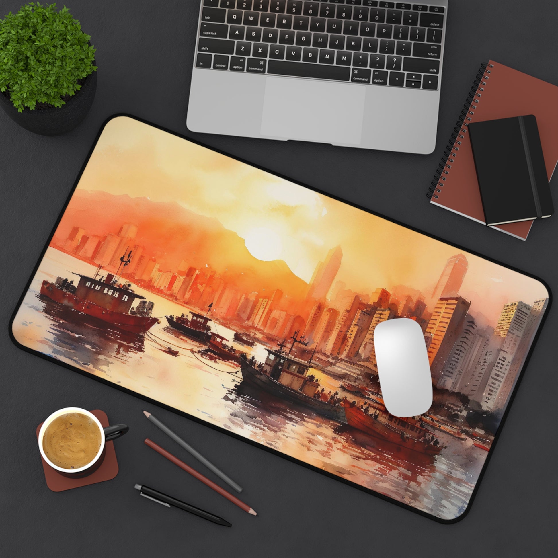 "Vibrant Hong Kong Skyline Desk Mat for Modern Workspace Inspiration"