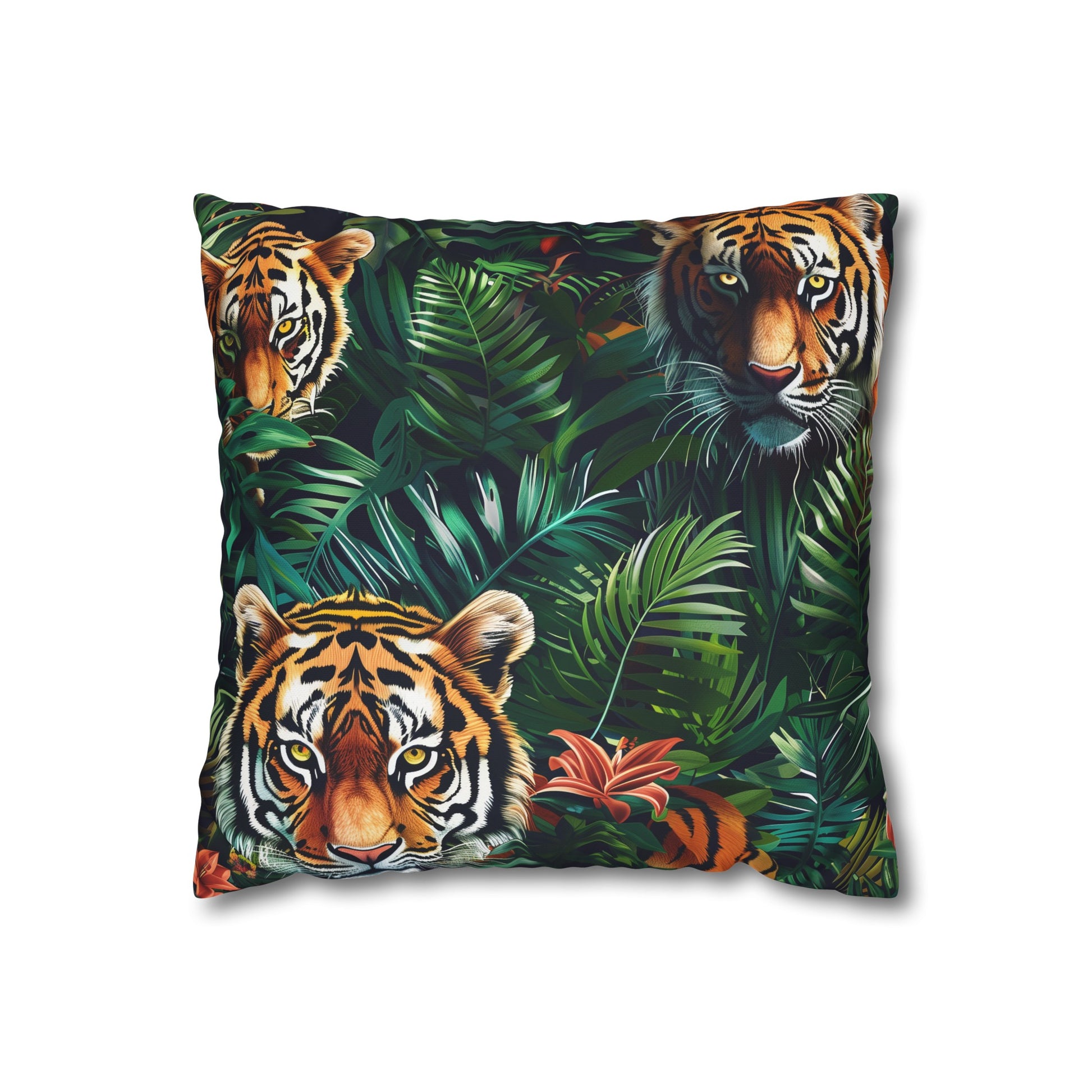 "Transform your bedroom with Tiger Safari Pillow Case, featuring majestic tigers in lush green foliage"