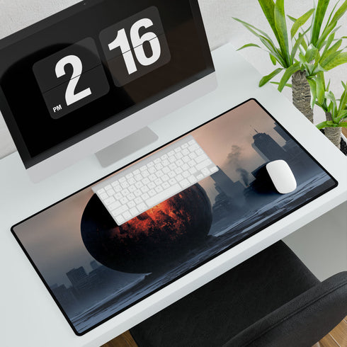 Lava Sphere Orbiting Frozen City — XL & XXL Desk Mat — 3mm Non-Slip Natural Rubber Base Detail