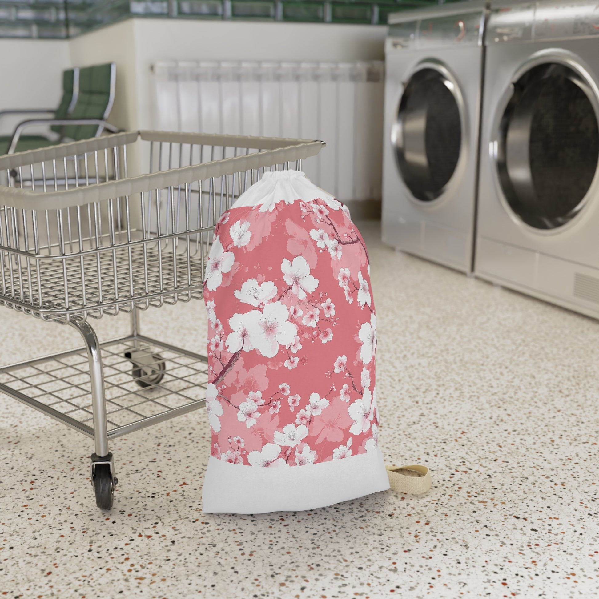 "Cherry Blossom Laundry Bag in Pink and White - Stylish and Elegant Laundry Organization Essential"