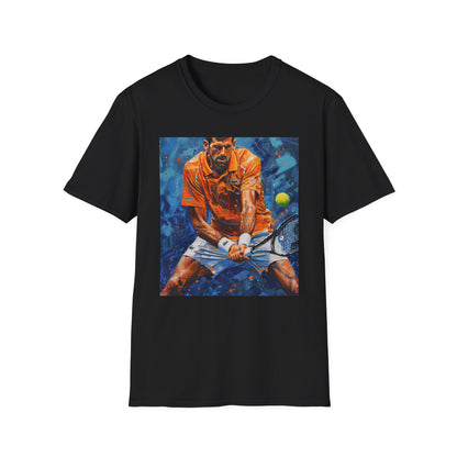 "Vibrant Djokovic Painting T-shirt showcasing tennis champion's unmatched skill and determination in vibrant color palette - Ace of the Court: The Unrivaled Mastery of Djokovic"