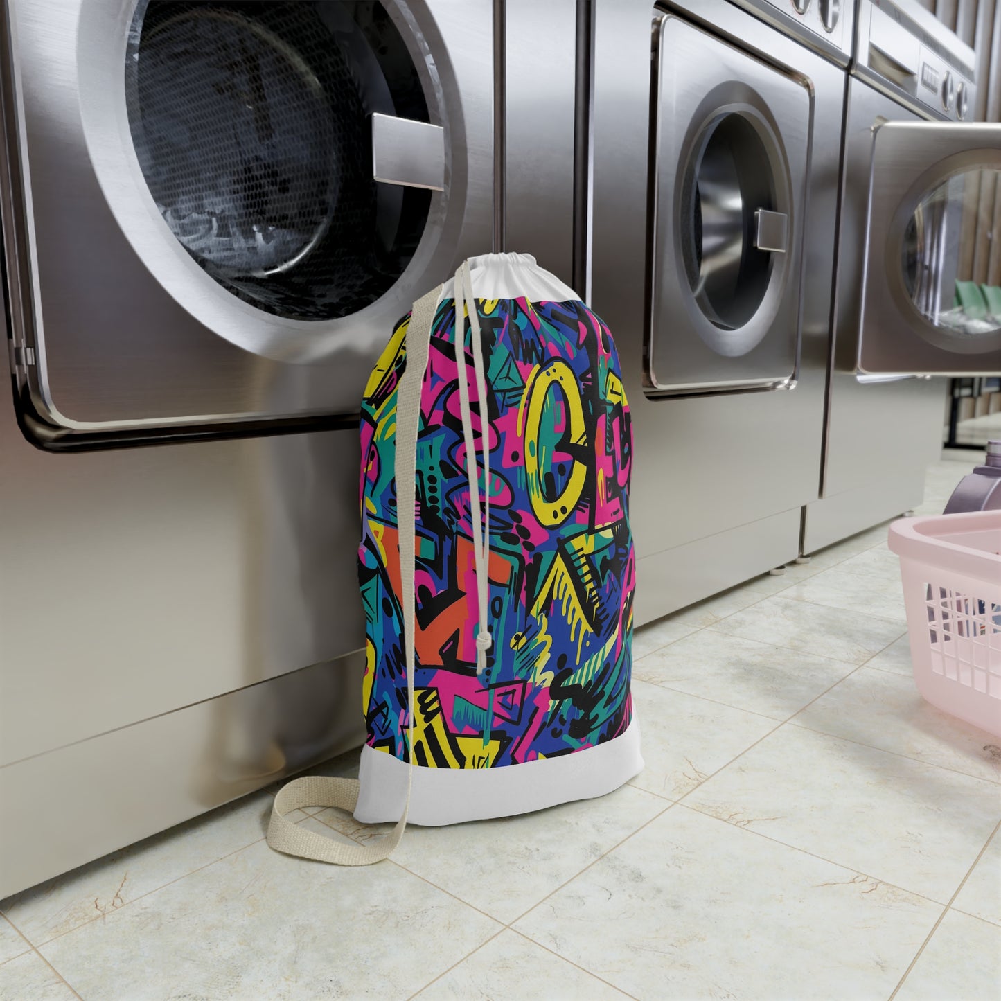 "Vibrant neon graffiti laundry bag with seamless pattern, elevate your laundry routine"